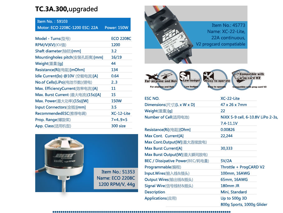 TC.3A.300, ECO-2308C 1180kv V2,  22A ESC, 240W